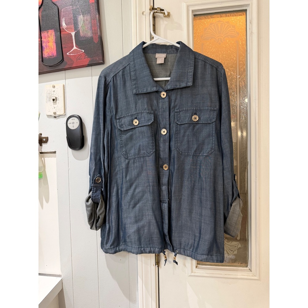 Chicos Blue Chambray Utility Shirt Jacket Drawstring Hem Size 2 L 12 14
